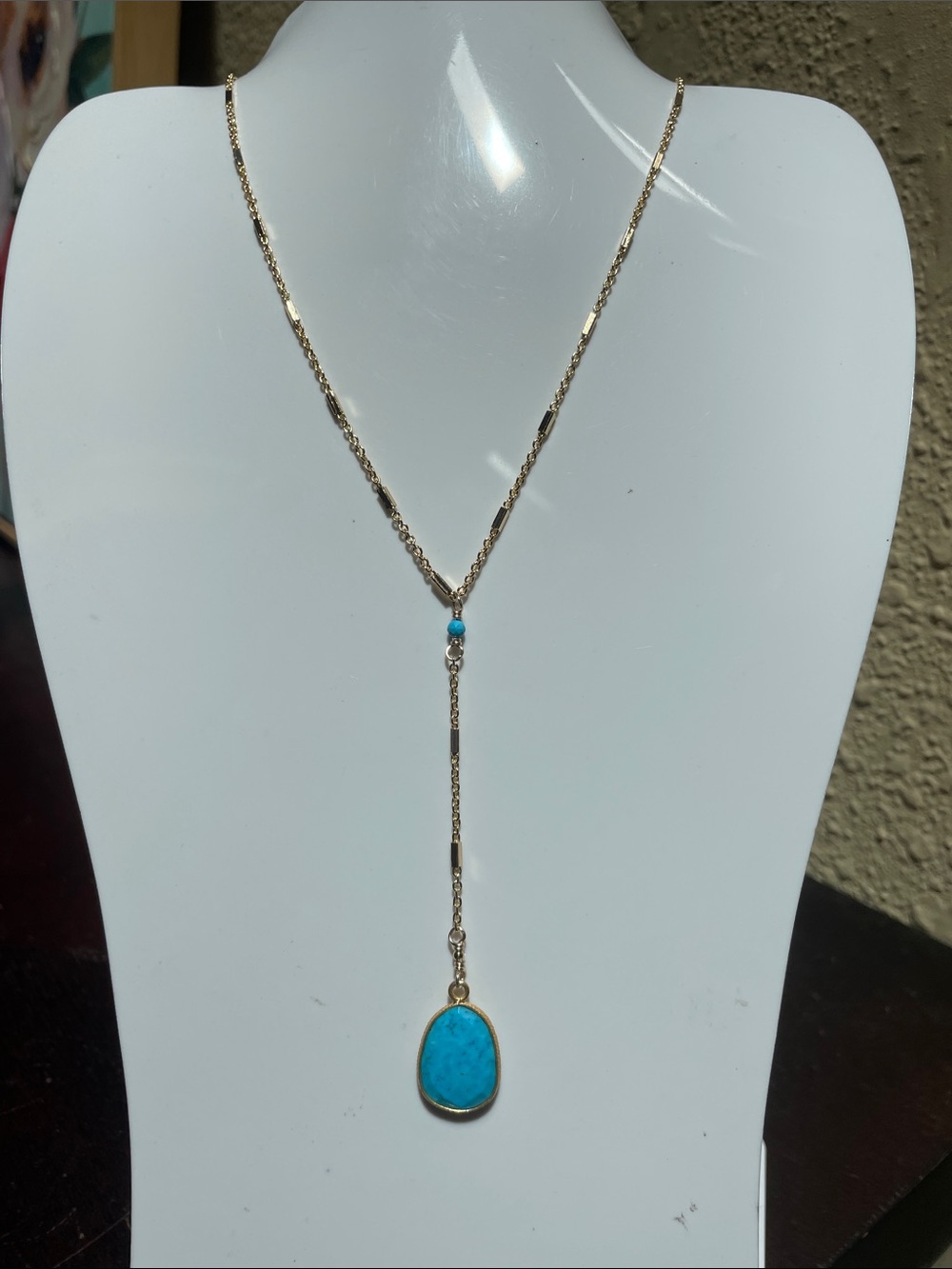 Gold Platrd Lariat Style Necklace with Turquoise Pendant - Women Jewelry 12“